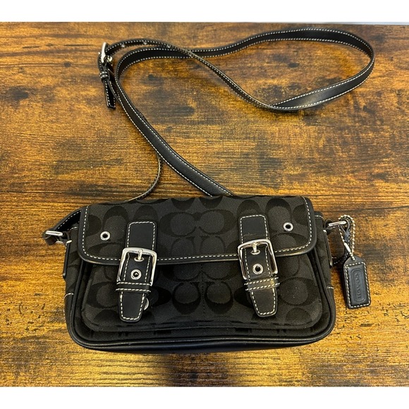 Coach Handbags - Coach Signature Mini Field Bag Black Jacquard Leather Crossbody Y2K Logo 6844